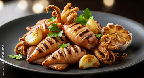 Delicious grilled calamari tubes and crispy tentacles, perfectly cooked with grill marks, garnished with fresh parsley and roasted garlic cloves on a dark plate.