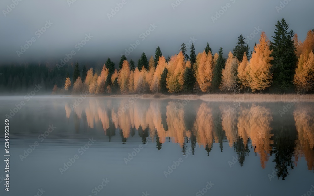 Fototapeta premium Autumn trees reflected in a misty lake on a cold morning