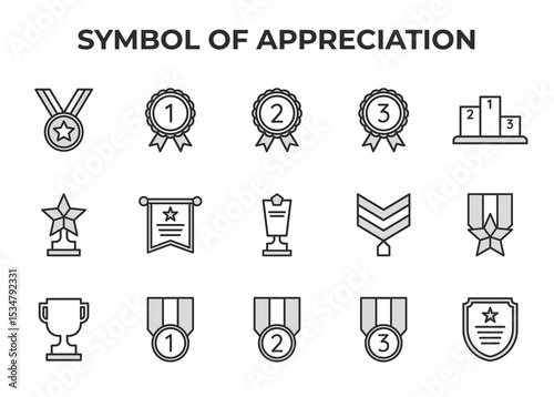 Symbol of Appreciation Vector Icon Set - Medal, ribbon, 1st place, 2nd place, 3rd place, podium, trophy, banner, chevron, shield icons - Editable Line