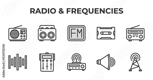 Radio & Frequencies Vector Icon Set Radio, boombox, FM, cassette, vintage radio, sound waves, equalizer, turntable, megaphone, antenna icons Editable Line