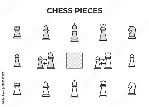 Chess Pieces Vector Icon Set - Rook, pawn, king, queen, knight, bishop, castling, chessboard, game, strategy, boardgame icons - Editable Line
