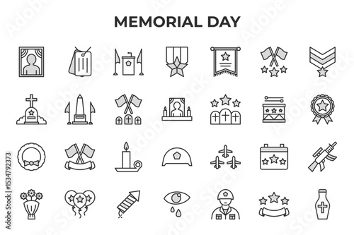 Memorial Day Vector Icon Set - Portrait, flag, podium, medal, banner, stars, chevron, grave, monument, flags, cemetery, tombstone, wreath, candle, helmet, fireworks, rifle, flowers - Editable Line