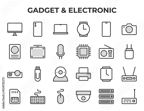 Gadget & Electronic Vector Icon Set - Monitor, smartphone, laptop, smartwatch, camera, speaker, briefcaseradio, microphone, chip, charger, projector, USB, webcam, printer, alarm clock - Editable line