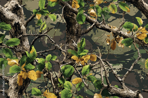 Woodland hunting camouflage seamless pattern with tree bark. Camouflage pattern background for hunting and military purposes.
