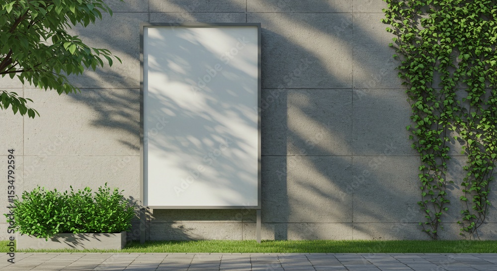 Fototapeta premium Blank Outdoor Display with Green Vines and Tree Shadows in Anime Art