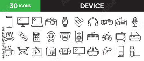 Devices icon set in line style. Collection of gadgets linier icons. including smartphone, laptop, camera, smaartwatch, headphones, radio, microphone, etc. Editable stroke