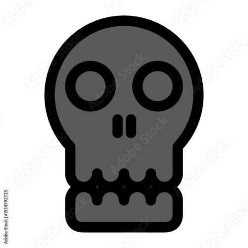 A minimalist black skull icon, The flat design features two large circular eyes and simplified nose and teeth. Suitable for danger symbols, warning signs, or spooky graphic elements.