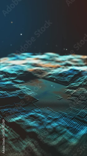 Flying through futuristic digital geology terrain, digital data telemetry and engineer topography with contour lines.
