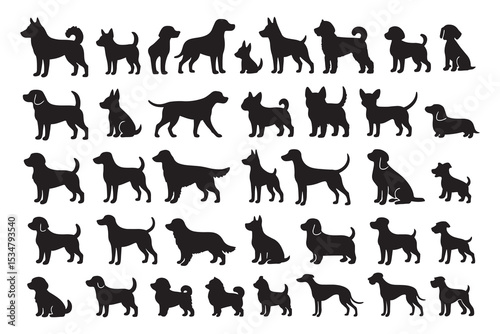 Dog silhouettes vector collection set of various pet animal breeds, canine icons in side profile view