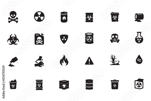 Hazard and warning icon set, collection of toxic, biohazard, and radioactive glyph symbols, simple black vector illustration for safety signs 