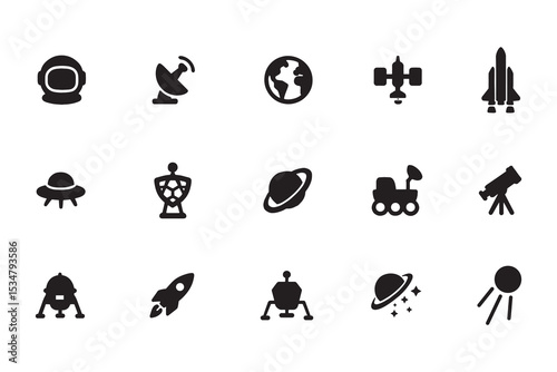 Space and astronomy icon set, collection of exploration and science glyph symbols, simple black vector illustration