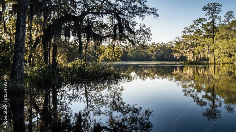Obraz premium Sunlit Lake Reflection Featuring Lush Green Trees and Spanish Moss Creating a Tranquil Natural Landscape