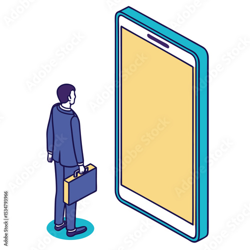 Businessman looking at giant smartphone screen