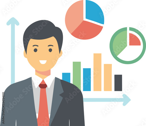 Happy businessman analyzing data charts and graphs