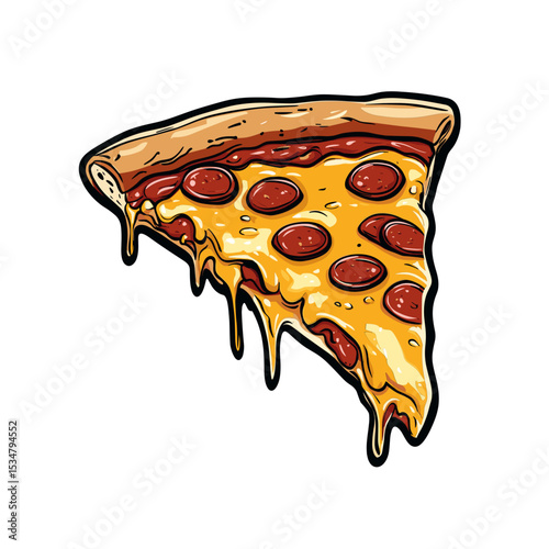 Pizza Slice With Melted Cheese And Pepperoni On Orange Background Vector Illustration