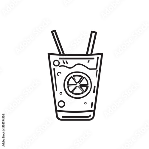 Black and White Line Art Illustration of a Glass with Two Straws and Citrus Slice