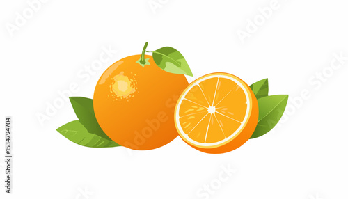 Whole oranges and neat half slices with crisp details, attached leaves, smooth bright orange surface, subtle shadow on clean white, modern healthy feel.