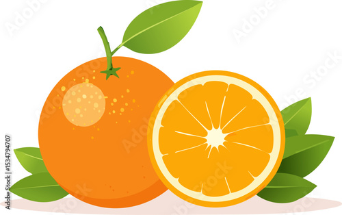 Fresh whole oranges and juicy sliced halves with bright peel and lush green leaves on a clean white background, modern flat style with soft shadows, perfect for healthy citrus designs.