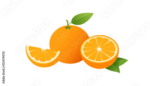 Bright orange fruits, some whole and some cut in half, smooth skin, green leaves, and simple shading on white space, fresh and cheerful citrus art.
