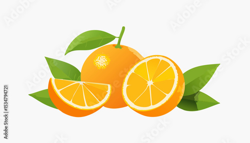 Modern citrus illustration showing whole oranges and a neat sliced half, green leaves, soft shadows, clean white background for bright fresh style.