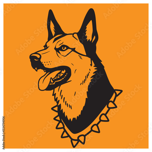 Bold black and orange illustration of a german shepherd dog head with spiked collar