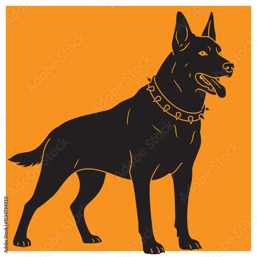 Bold black silhouette of a dog with spiked collar against a vibrant orange background