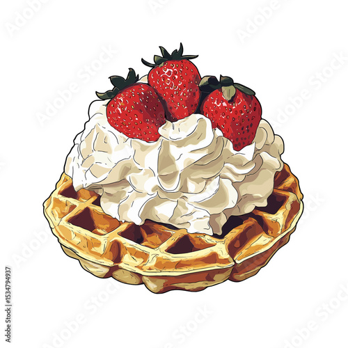 Golden Brown Pixelated Belgian Waffle Topped with Whipped Cream and Fresh Red Strawberries on Yellow Backdrop