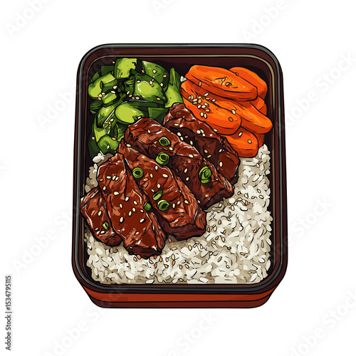 Vector Art Of A Bento Box Featuring Beef Yakiniku Rice And Vegetables Against An Orange Backdrop