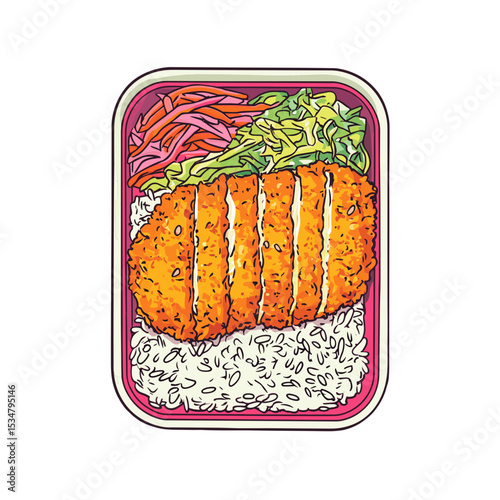 Vector Illustration Of A Bento Box With Chicken Katsu Rice And Vegetable Side Dishes