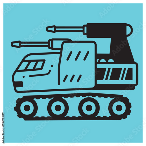 Cartoon illustration of military tank design with modern bold line art and blue background