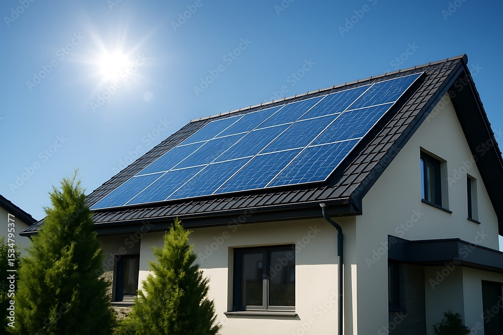 Fototapeta premium Rumah Modern , Atap panel syrya - Modern house with solar panels on the roof under a bright sunny sky