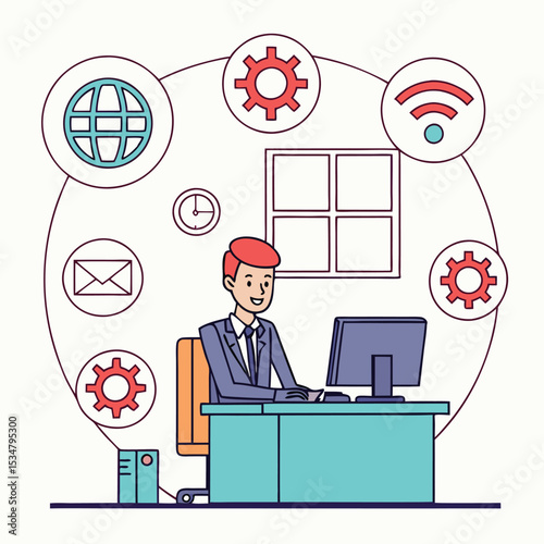 Businessman working at desk with global network icons