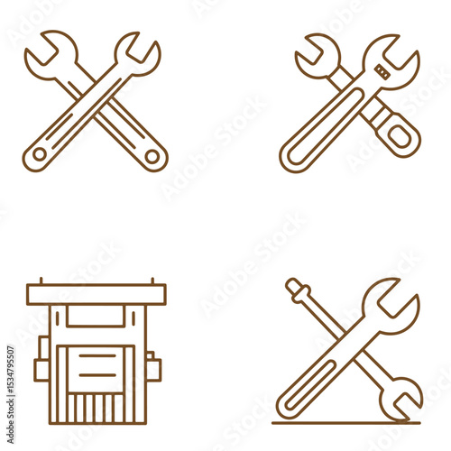 Collection of brown line art illustrations depicting various mechanic tools and engineering equipment
