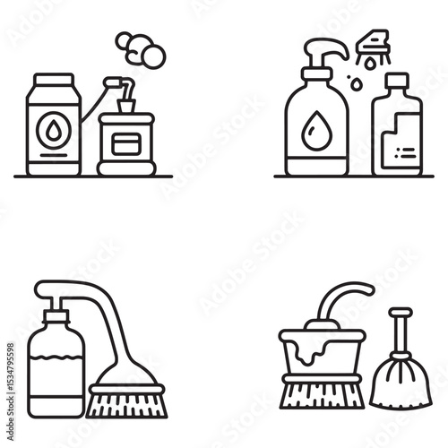 Collection of cleaning products represented by various simple outline icons in a white background.