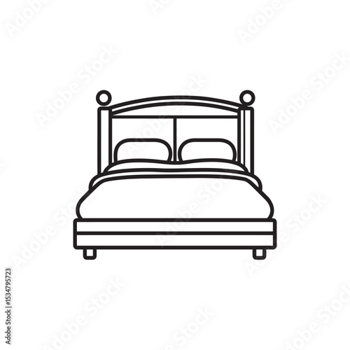 Black and White Line Art Illustration of a Traditional Bed with Pillows