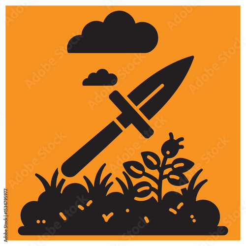 Garden scene icon illustrating a shovel and plants under the silhouette of clouds in black
