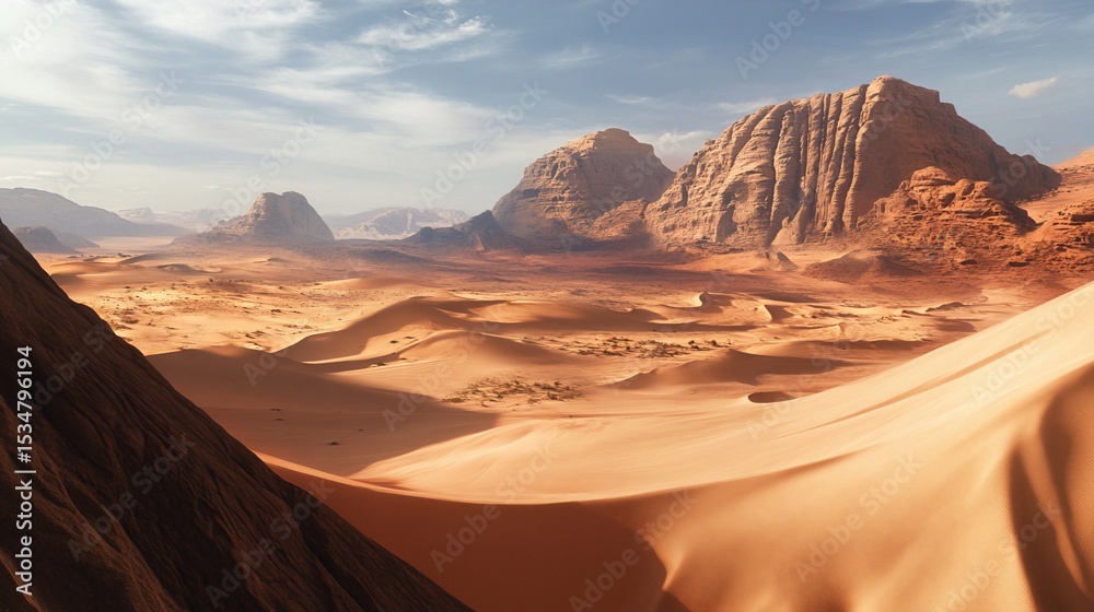Naklejka premium Majestic Desert Landscape with Sand Dunes and Mountain Formations