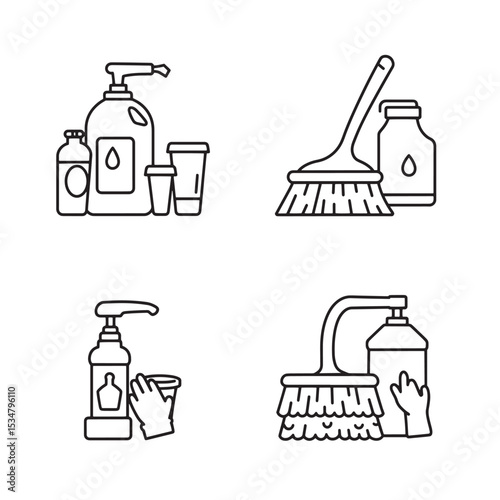 Minimalist cleaning icons of bottles spray brushes and protective gloves for sanitation