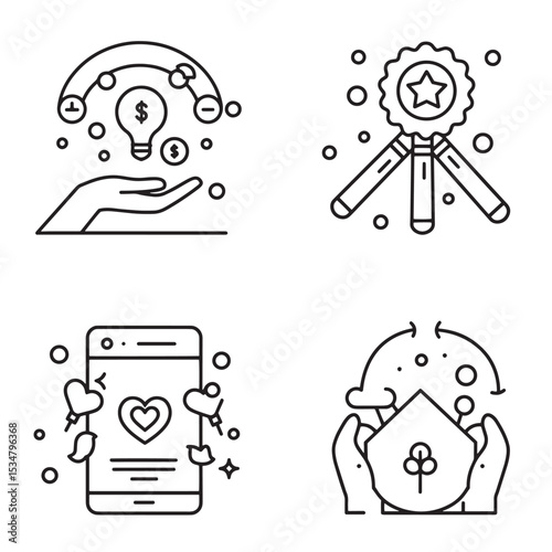 Minimalist line art illustrations representing business ideas technology and nature symbology