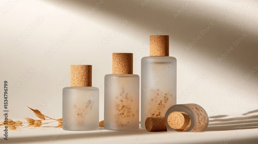 Naklejka premium Elegant Glass Bottles with Natural Cork Tops on Soft Lighting Background for Product Presentation or Interior Decoration