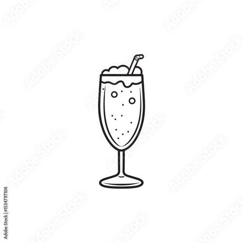 Black and White Line Art of a Frothy Drink with Straw Illustration