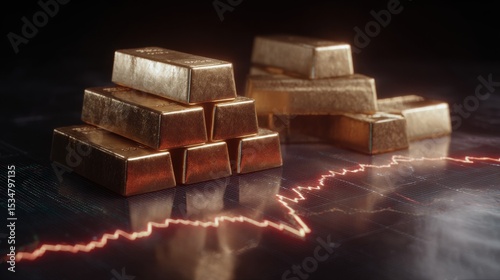 A stack of gold bars is shown on a dark background with a graph of a stock market decline