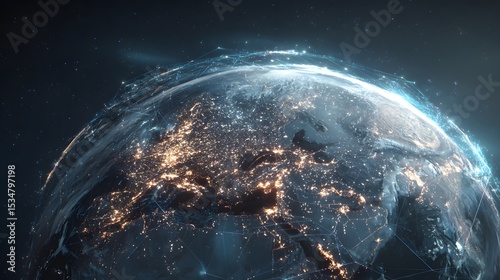 Earth From Space with Illuminated Continents and Network Light Effects at Night