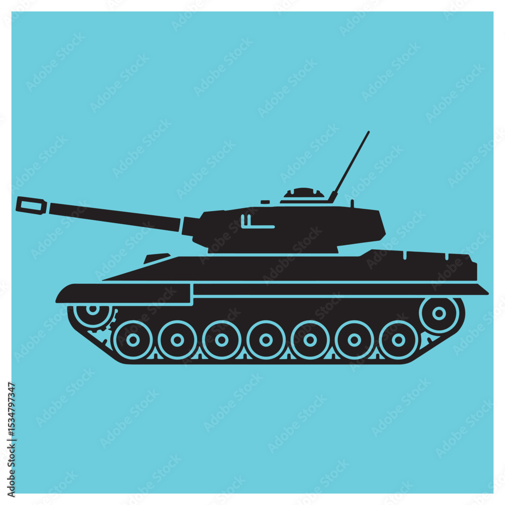 Fototapeta premium Silhouette illustration of a black tank on a vibrant teal background simple modern artwork.