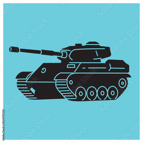 Silhouette illustration of a military tank on a blue background representing warfare and power