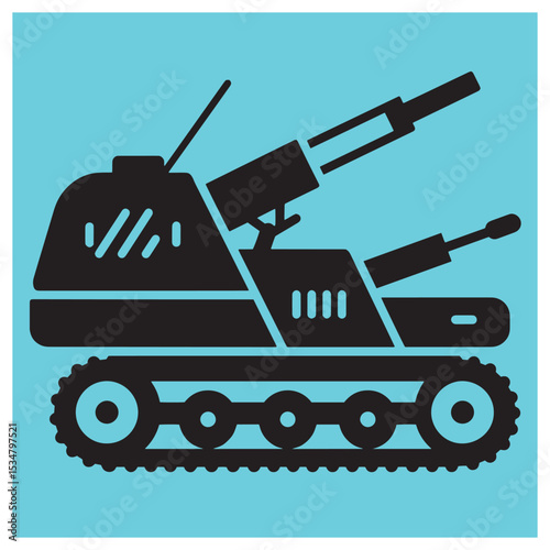 Stylized black and white illustration of a self propelled howitzer tank with blue background