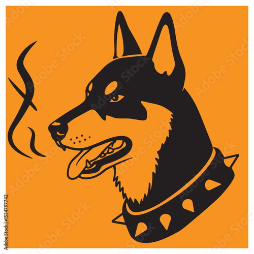 Stylized illustration of a doberman pinscher head in profile with spiked collar on orange background