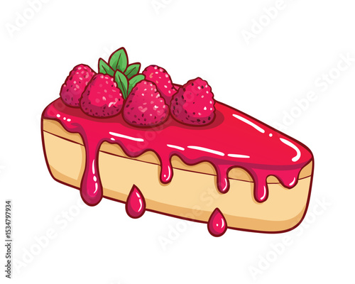 Raspberry Cheesecake Slice with Dripping Raspberry Sauce and Fresh Berries