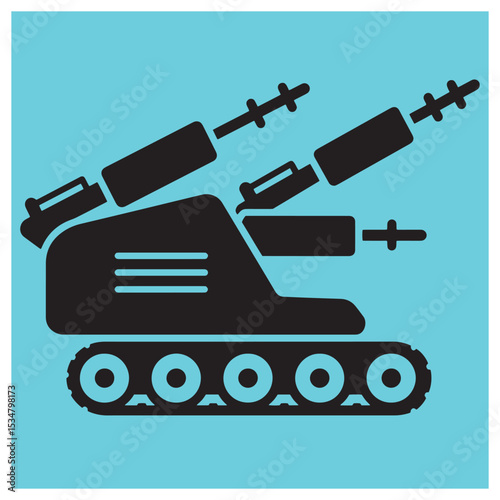 Vector illustration of a stylized military tank with multiple rocket launchers and blue background