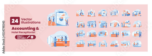 Accounting and hotel receptionist illustrations. Mega set.